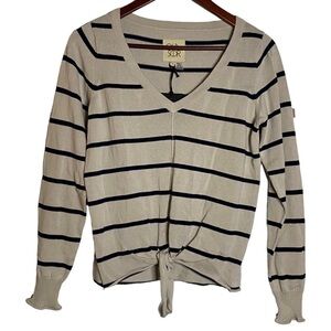 Chaser Long Sleeve Ribbed Beige Black Stripes  V-Neck Tie Front Sweater Small S